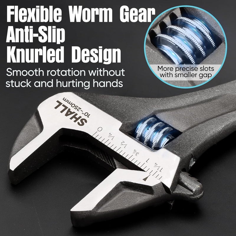 SHALL 3-Piece Adjustable Wrench Set, 10/8/6 Inch Cr-V Steel Wrench with Cushion Grip, Wide Jaw Black Oxide Wrench with Laser-etched SAE Scales for Home, Garage, Workshop and DIY - Image 5